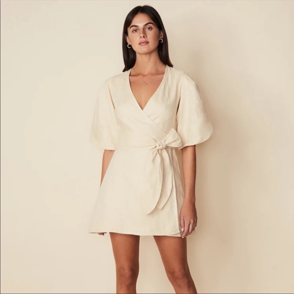 Faithful the Brand The Godiva Puff Sleeve Linen Wrap Tie Dress in Plain Sand